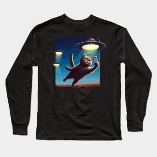 Cute Black Cat Making Selfie With UFOs Behind Long Sleeve T-Shirt